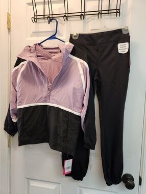 Layer 8 3 Piece Active Set - Lavender Shirt, Windbreaker, and Black Pants.